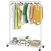 Simple Trending Standard Clothes Clothing Garment Rack with Storage Shelves, Rolling Clothes Organizer on Wheels for Hanging Clothes, White