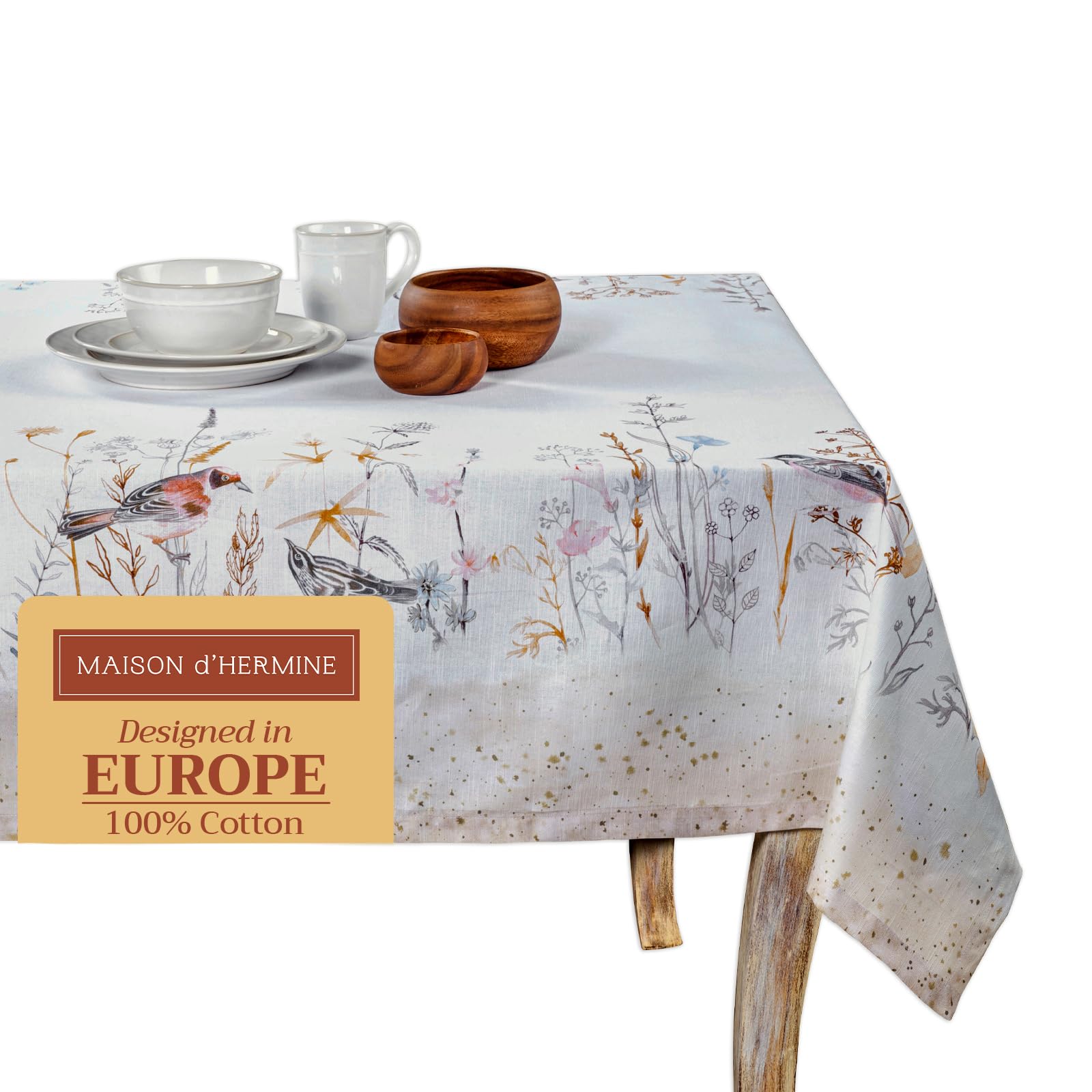 Maison d' Hermine Table Cloth Rectangle Table 100% Cotton 230 cm x 140 cm Tablecloth Reusable Everyday Use for Dining Farmhouse Home Party Festive Gifts for Mothers Day (Meadow Florals - Beige)