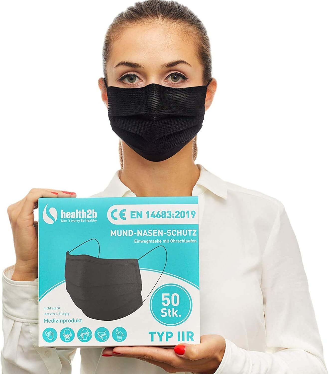 health2b [50] Black Medical Masks, Disposable mouth and nose Protection