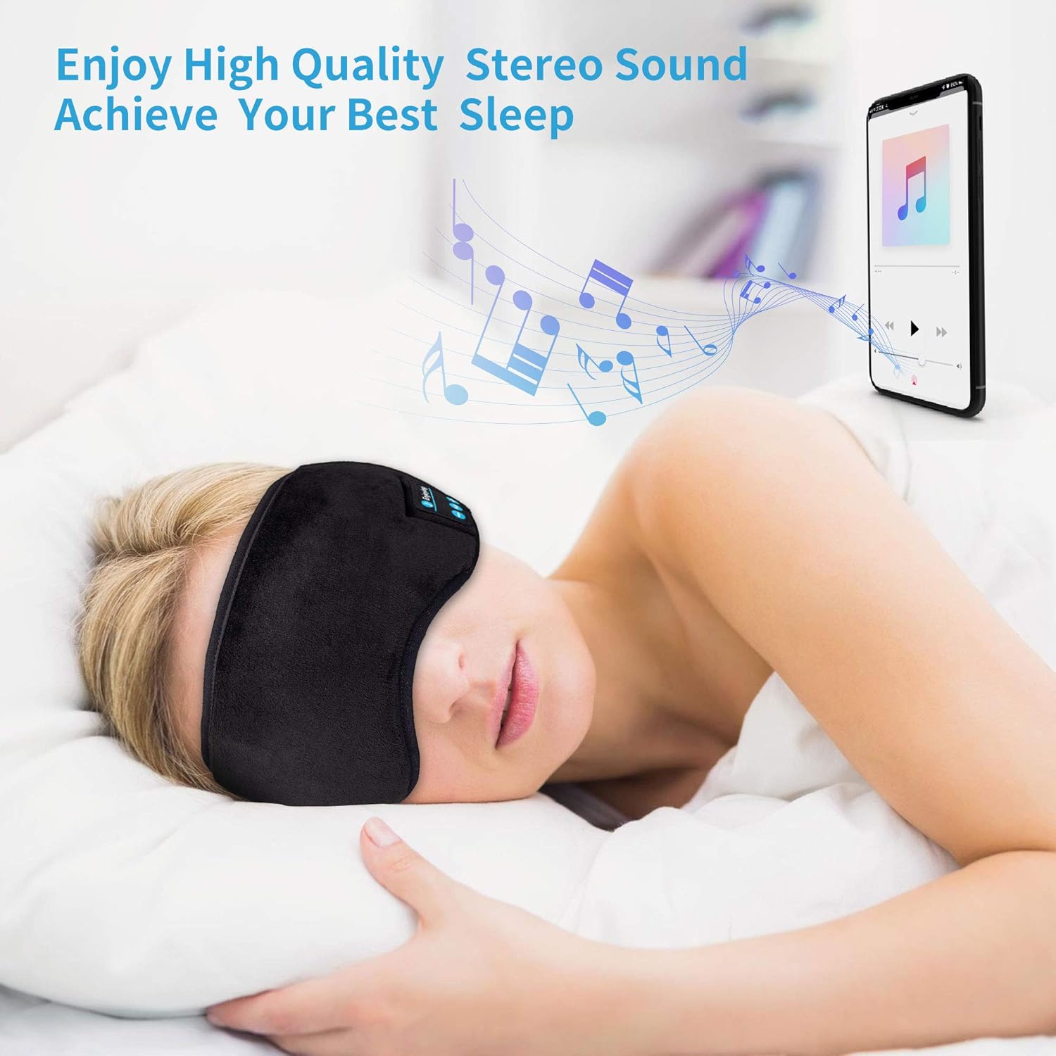 Sleep Headphones Bluetooth Eye Mask, Joseche Wireless Bluetooth 5.0 Headphones Music Travel Sleeping Headphones Handsfree Sleeping Mask with Built-in Speakers Microphone Washable (Black): Home Audio & Theater