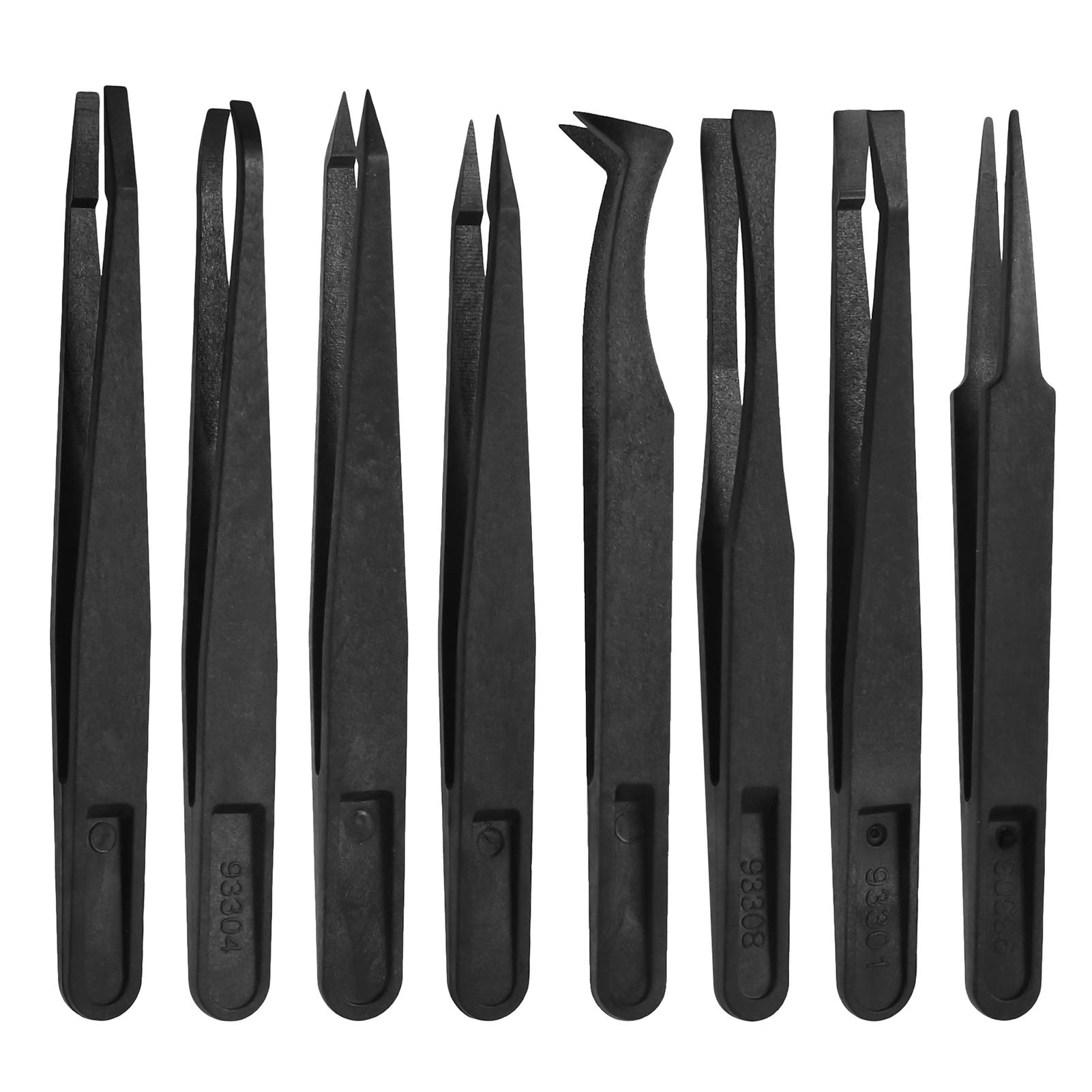 QINREN 8Pcs Anti-static Plastic Tweezers Set, Multifunctional Precision Tweezers Set - Slant Flat Tip, Pointy/Curved Tips for Electronics, Jewelry-Making, Laboratory Work, Repairing