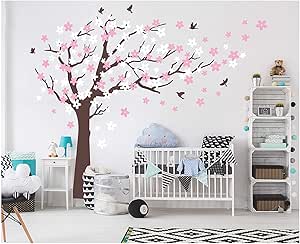 Amazon Com Aiyang Cherry Blossom Tree Wall Decals White Pink Flowers Wall Stickers For Baby Nursery Bedroom Living Room Decoration Coffee Brown Baby