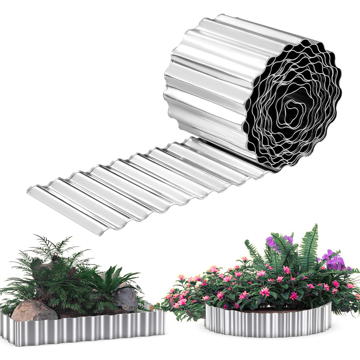 8 IN x 20 FT Metal Lawn Edging Borders,Corrugated Galvanized Garden Edging Border,Landscape Edging,Flexible Long Strips DIY Edging for Vegetables Raised Bed, Flower Tree Surrounds -Silvery