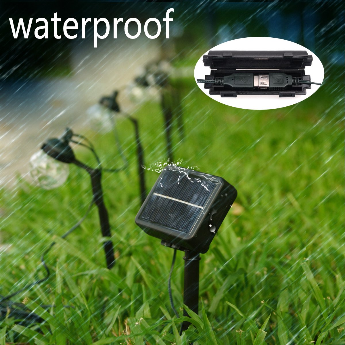 Acrato - Ghirlanda luminosa LED, proiettore a energia solare USB, 7 m, 8 luci LED, da esterno, impermeabile, con pannello solare, per la decorazione di finestra, camera, giardino, Natale, feste, compleanni, multicolore