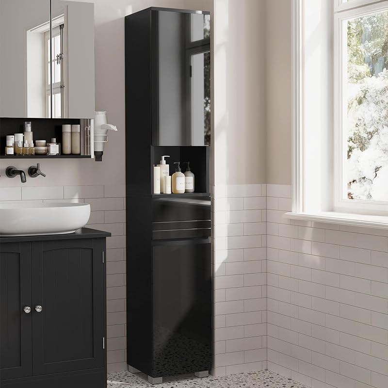 VASAGLE Tall Bathroom Cabinet Slim Storage Narrow Cupboard Ink Black BBC560B01