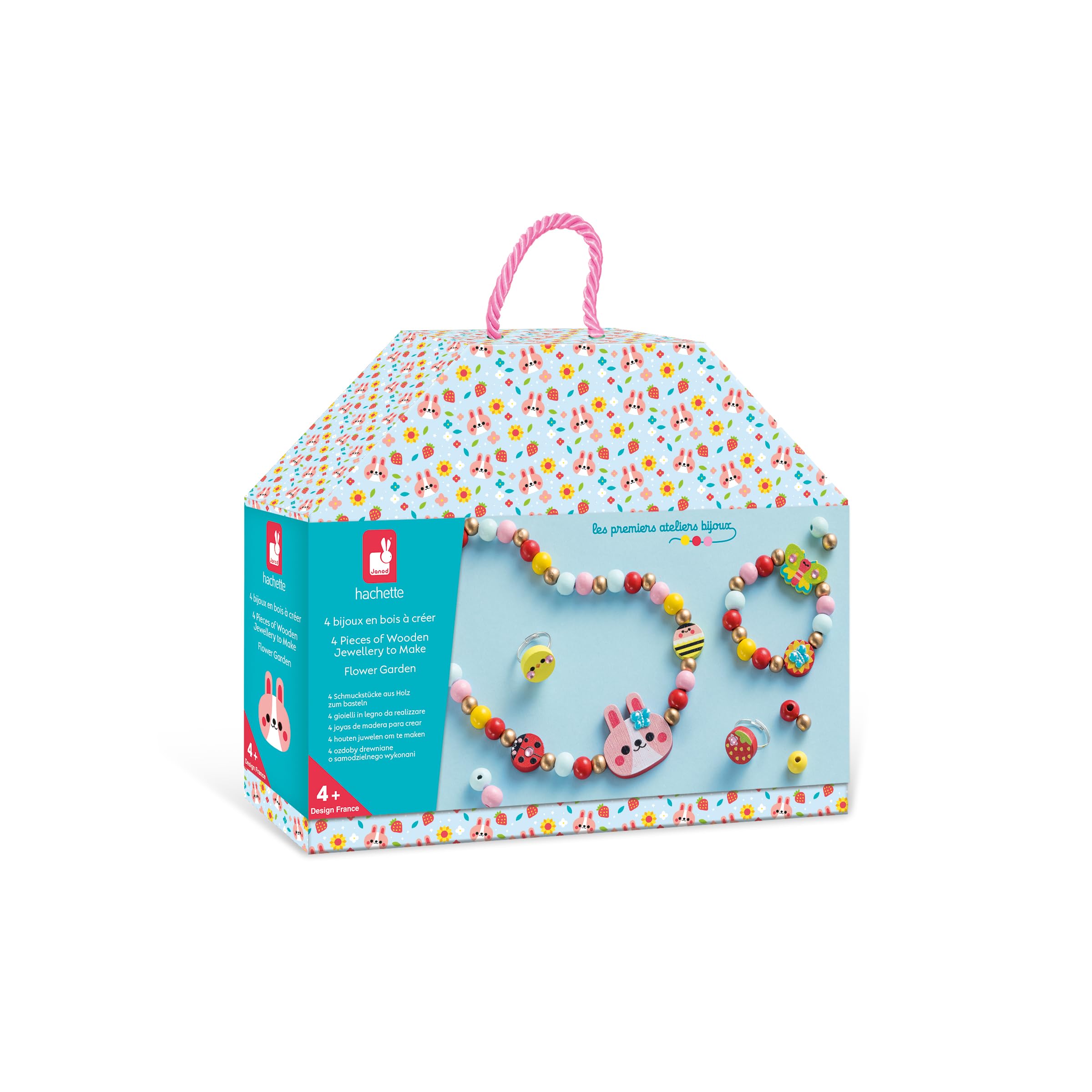 Janod - 4 Flower Garden Wooden Jewelry to Create - First Jewelry Workshops - DIY Jewelry Making - Child Craft Kit - Fine Motor Skills and Concentration Learning - From 4 years old - J09130