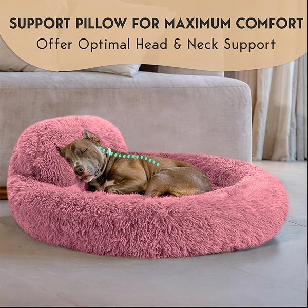 PETJETT LARGE DOG BED – 36” CALMING DONUT DOG BEDS, ANTI-SLIP & WASHABLE LARGE ROUND BED, FLUFFY FAUX FUR PET BED, SUPER SOFT ANTI-ANXIETY PREMIUM COMFORT BED, FITS DOGS UP TO 80 LBS – PINK