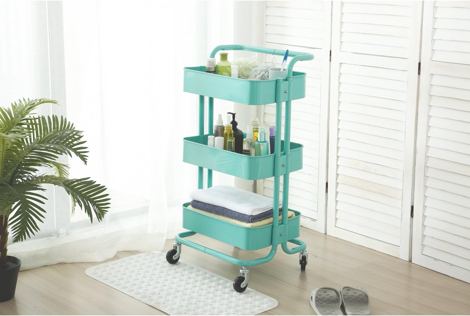 HollyHOME 3-Tier Metal Utility Service Cart Rolling Storage Shelves with Handles, Blue Storage Utility Cart : Office Products