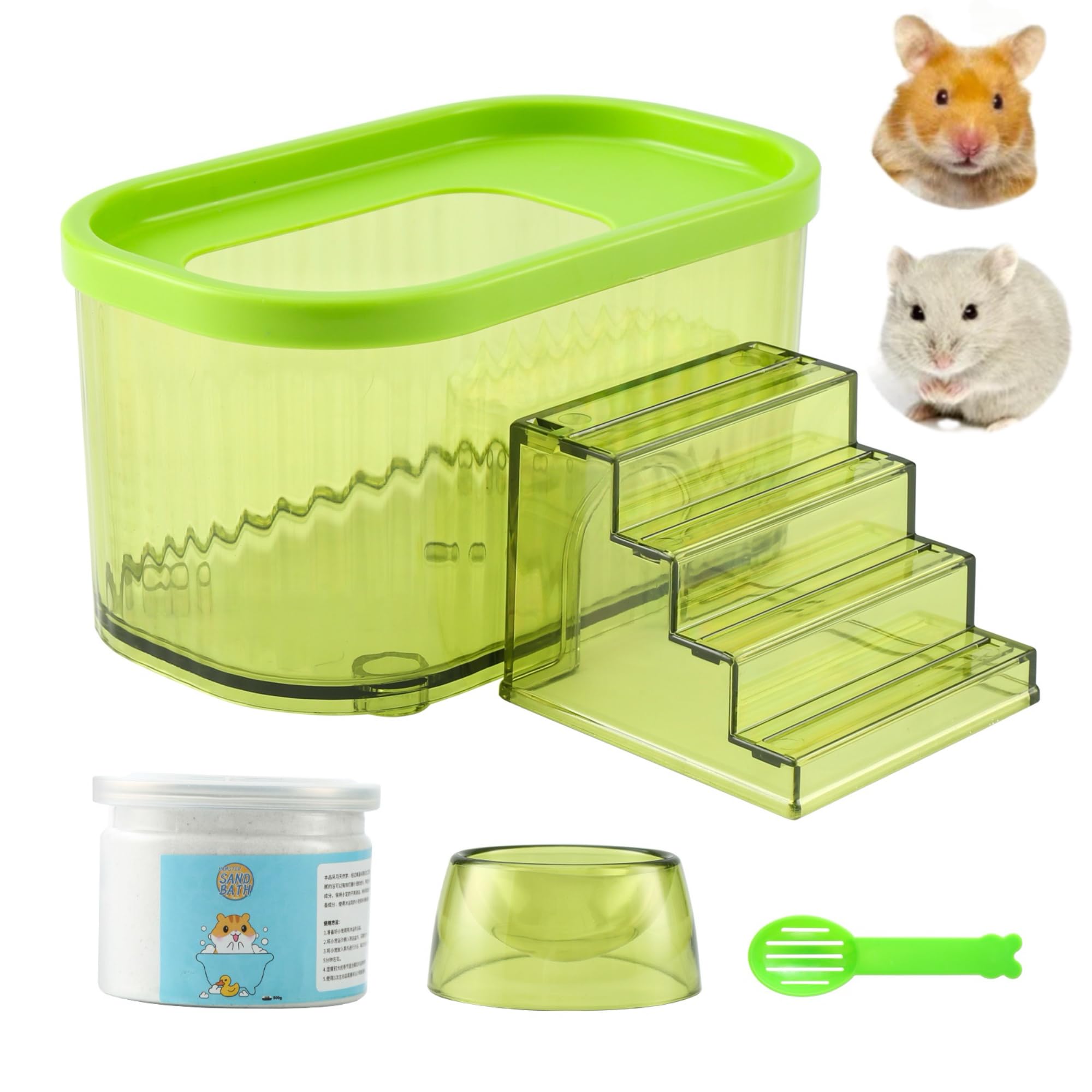 Photo 1 of TUTU&LELE 5pcs Hamster Living Set Sand Bath Container & Ladder & Cleaning Scoop & Bath Sand & Bowl for Hamsters Mice Gerbils or Other Small Pets Cage Accessories (Green)