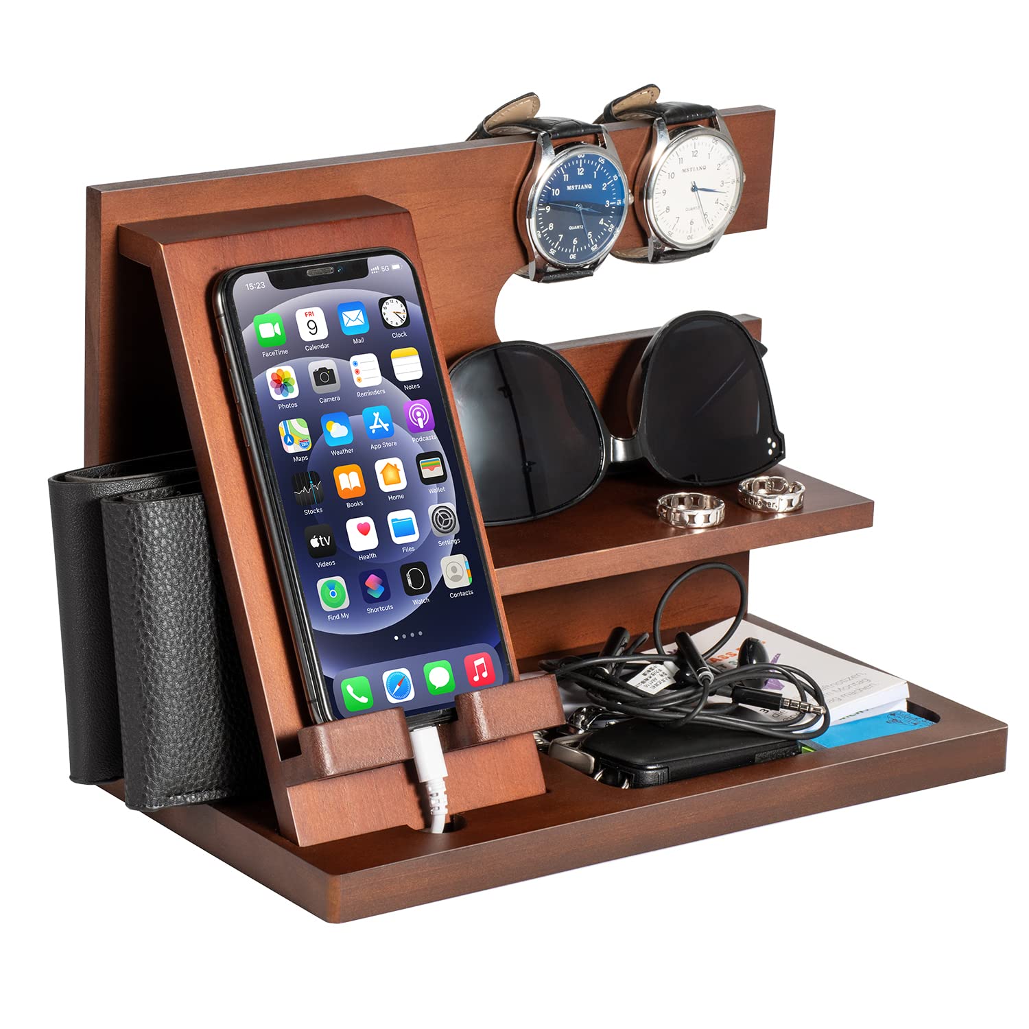 Christmas Birthday Gifts for Men Wood Phone Docking Station Bedside Table Organiser Gifts for Dad Mens Gifts for Husband Dad Gifts for Him Anniversary Xmas Presents for Men Nightstand Key Wallet Stand — image 1