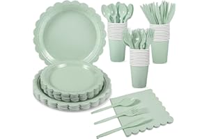 175 Pcs Sage Green Paper Plates and Napkins, Sage Green Party Supplies Include Green Scalloped Plate Paper Napkin Cup Plastic