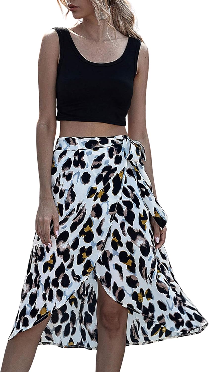Women Leopard Print Maxi Skirt Split Ruffle Waist Knot Midi Wrap Skirts