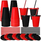 Skylety 16 Pcs Plastic Cups with Lids and Straws 16 oz Plastic Cups Coffee Reusable Tumbler Water Bottle Holiday Christmas Party Supplies Gifts for Drinking Coffee Cocoa(Red,Black)