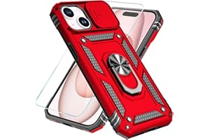 SunStory Compatible with iPhone 15 Case with HD Screen Protector & Slide Camera Cover & Rotated Ring Kickstand, [Military-Grade] Phone Case for iPhone 15,Red
