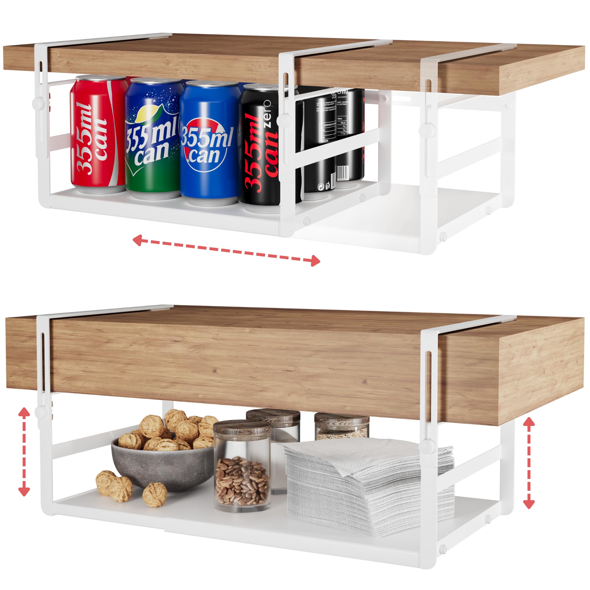Photo 1 of Under Shelf Storage Basket Organizer Expandable - Adjustable Width Height Cabinet Space Saver - Clip On Metal Hanging Rack - 30lb Capacity Kitchen Office Bathroom Declutter Solution - 2 Pack, White