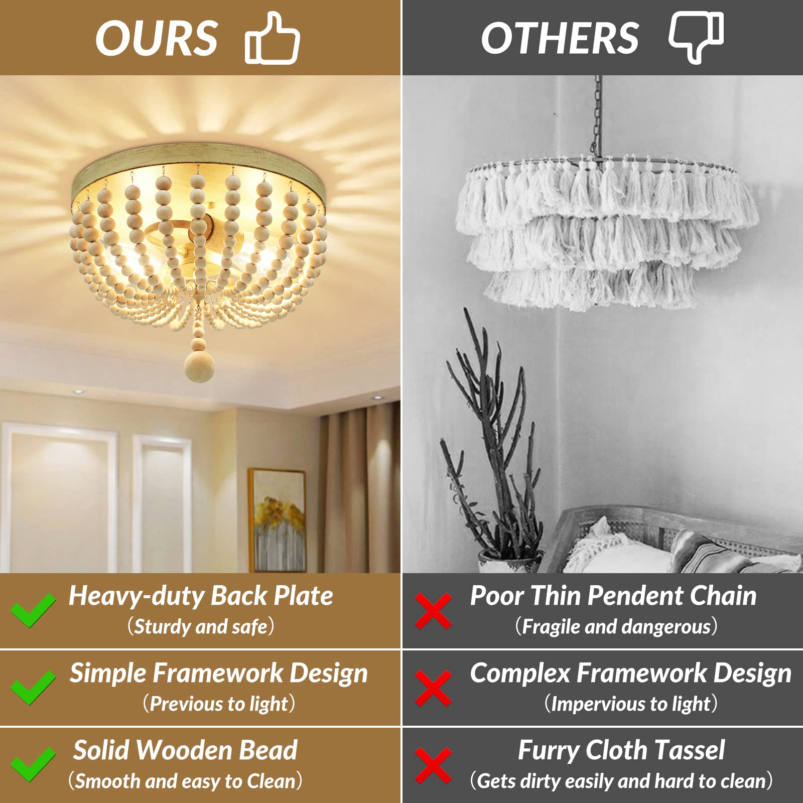 Farmhouse Wood Beaded Chandelier, Bohemia Ceiling Lamp, Rustic 2-Light Pendant Light Fixture, Semi-Flush Mount Ceiling Light for Living Room Entryway Hallway Kitchen Girl’s Room Baby’s Nursery, Oak