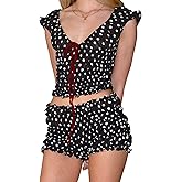 RUEWEY Women Polka Dot Pajamas Set Scoop Neck Cami Top Smocked Ruffle Shorts 2 Piece Lounge Set Sleepwear