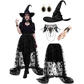 Yearntown 5 Pack Halloween Witch Costume Set for Women | with Layered Tulle Skirt Witch Hat Gothic Necklace Bracelet &amp; Earrings, Sexy Halloween Witch Costume for Adult Cosplay Party