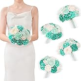 TINGE TIME 7 Inch Artificial Flowers Wedding Bouquets for Bridesmaid, Set of 4, Bride Tossing Bouquet for Rustic Wedding Ceremony Bridal Shower Vintage Party (Teal Green & Champagne)