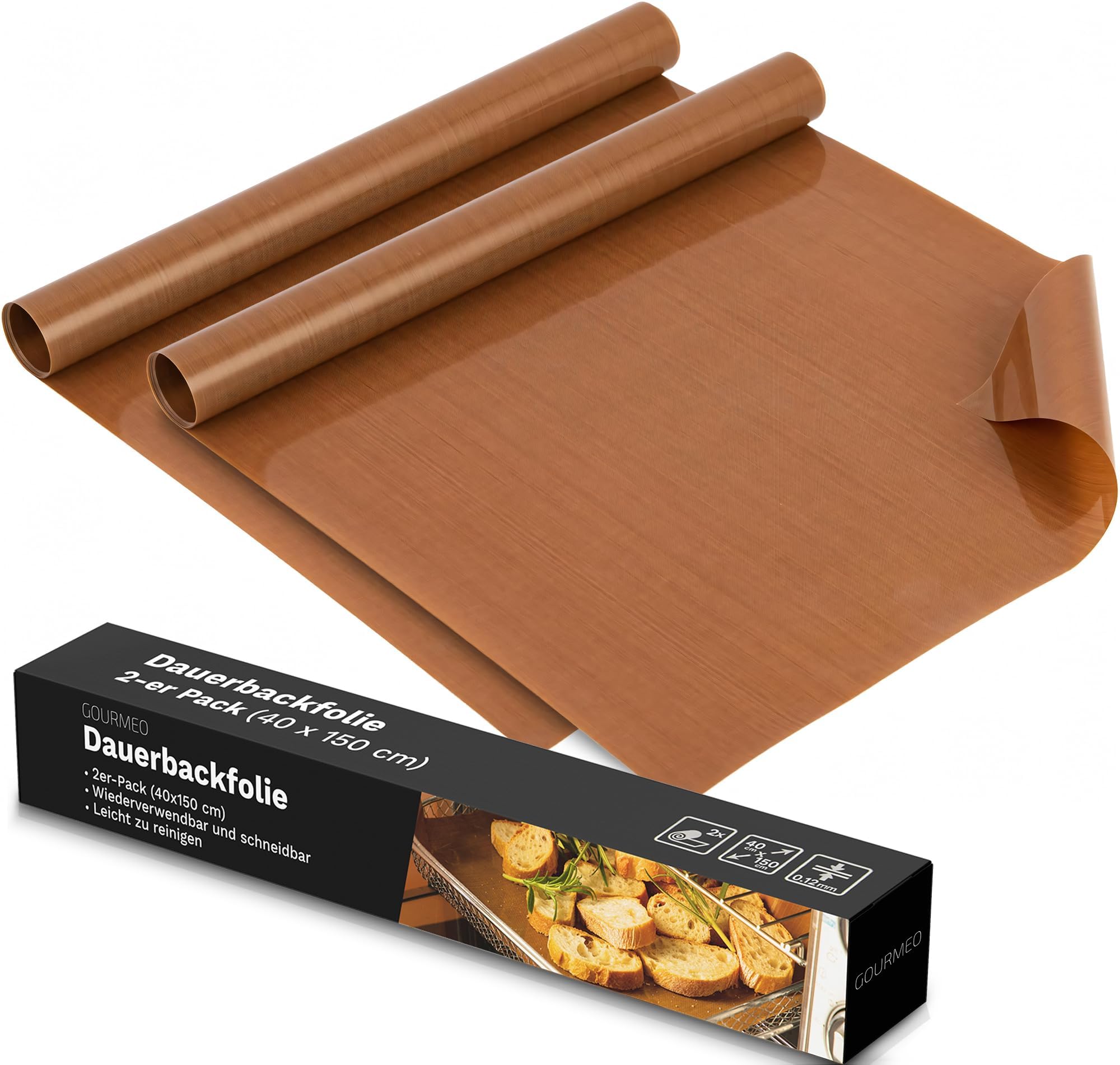GOURMEO Reusable Baking Paper Roll - Set of 2-40 x 150 cm Heat-Resistant & Non Stick Teflon Sheets for Oven - Dishwasher Friendly & Greaseproof Tray Sheet Liner