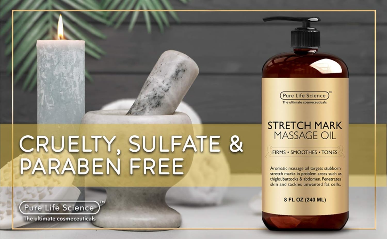 Pure Life Science Stretch Mark Oil - All Natural Ingredients - Stretch Mark & Scar Therapy For Pregnancy & Uneven Skin Tone, Penetrates 6X Deeper Than Stretch Mark Cream, Non-Greasy Formula - 8 OZ: Health & Personal Care