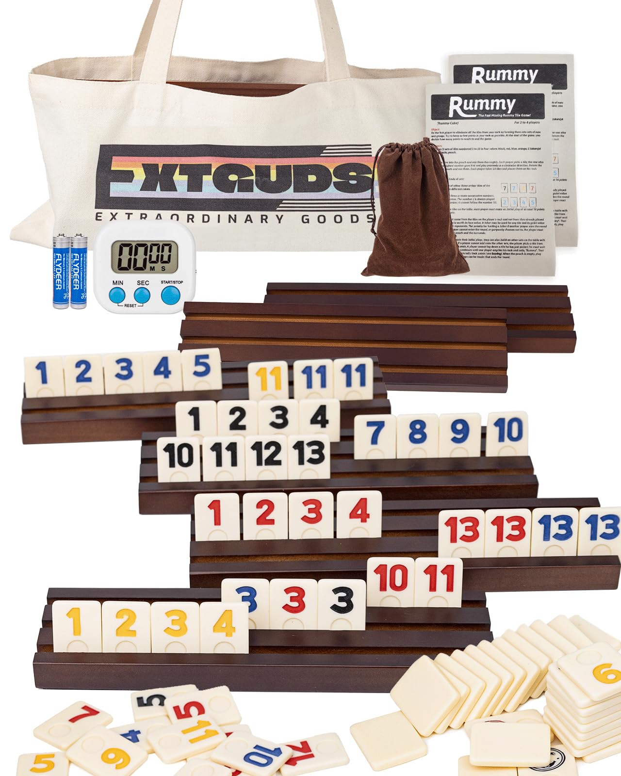 CarbonMan 6 Player Rummy Cube Game Set, Classic Travel Rummy Cube Game, with 6 Wooden Racks/Trays, 160 Rummy Tiles, Portable Canvas Bag, 1 Timer, 1 Velvet Storage Bag,for Family and Party