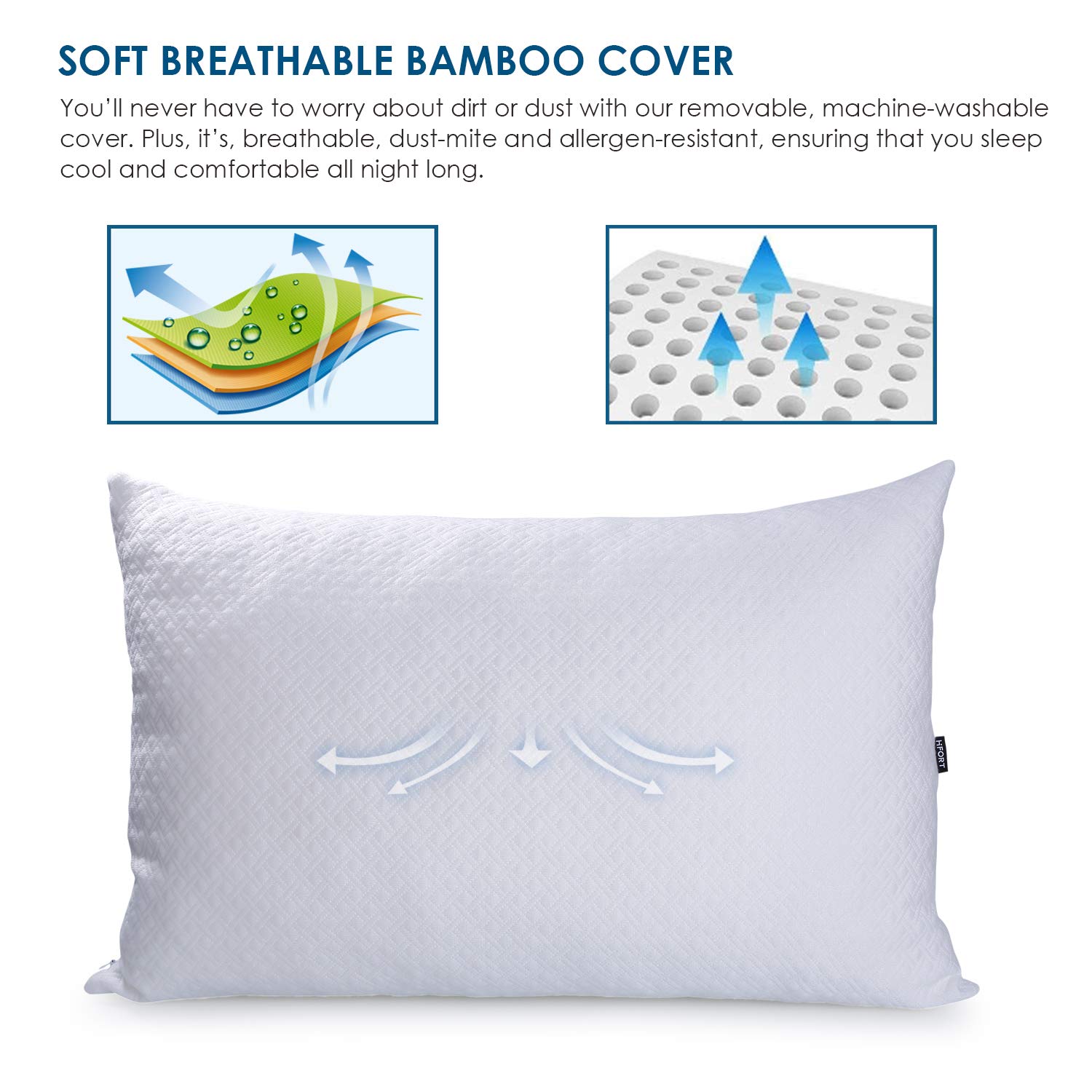 HIFORT Shredded Memory Foam Cooling Pillow - Queen Bed Pillows for Sleeping with Hypoallergenic Removable Bamboo Cover - Hotel Quality Adjustable Loft for Stomach Back and Side Sleeper