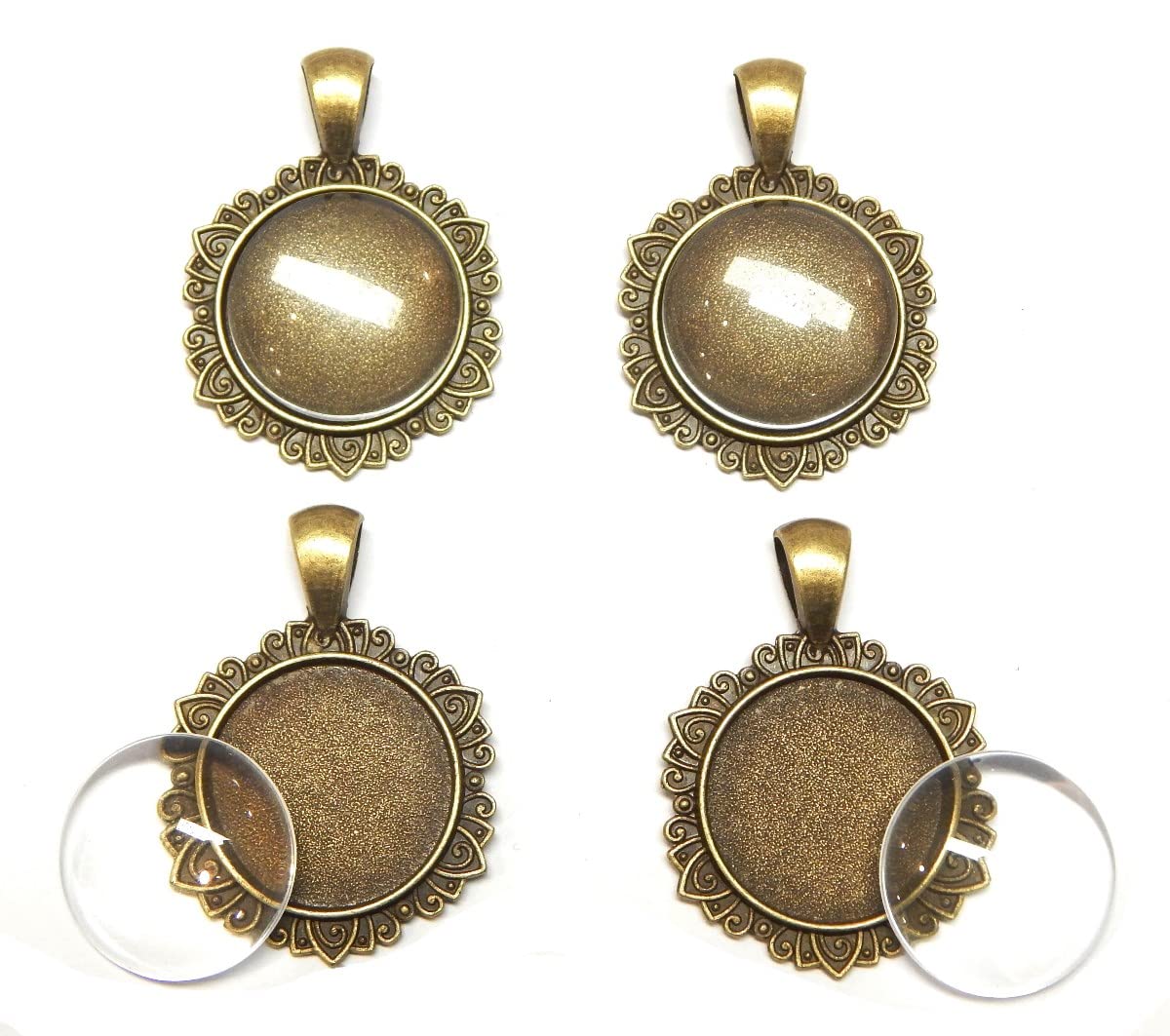 Perlin Set of 4 Metal Pendant Lockets Charm and 20 mm Round Clear Glass Cabochon, Bronze Setting Frame Super Look Craft Set, 27mm für 20mm Cabachon, Brass