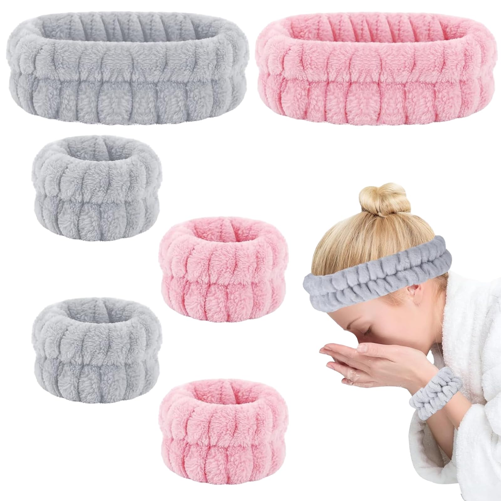LINXINS Wrist Bands for Face Washing, Skincare Headband And Wristbands 6 Pcs Soft Elastic Hair Band For Spa Skin Care Make Up Bath Shower Towel Headband and Wristbands for Women (Pink&Gray)