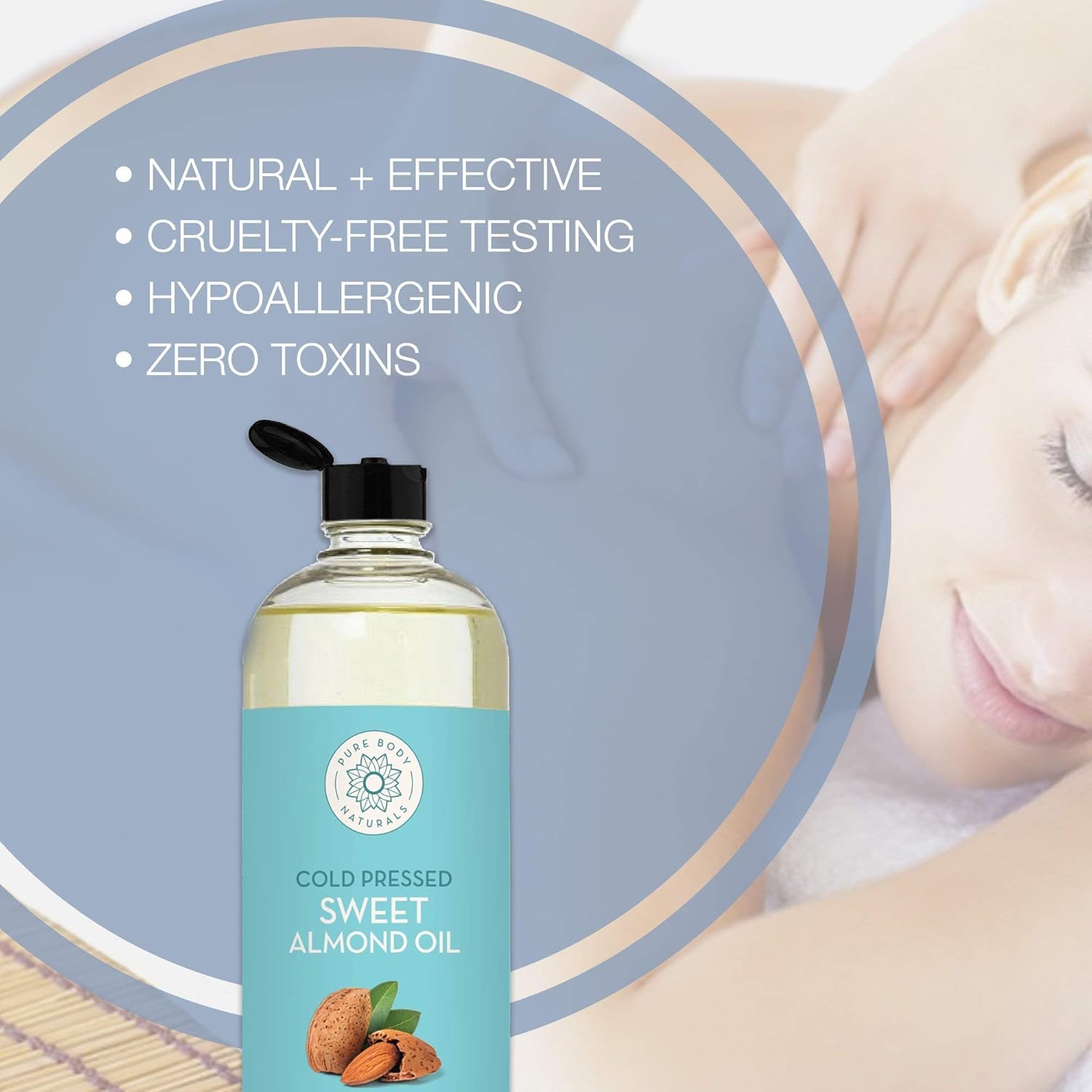 Sweet Almond Oil for Hair and Skin, 100% Pure and Cold Pressed, Hexane Free, Skin Moisturizer, Nails, Therapeutic Massage, Carrier Oil - by Pure Body Naturals 16 Fl. Ounce (Label Varies) : Beauty