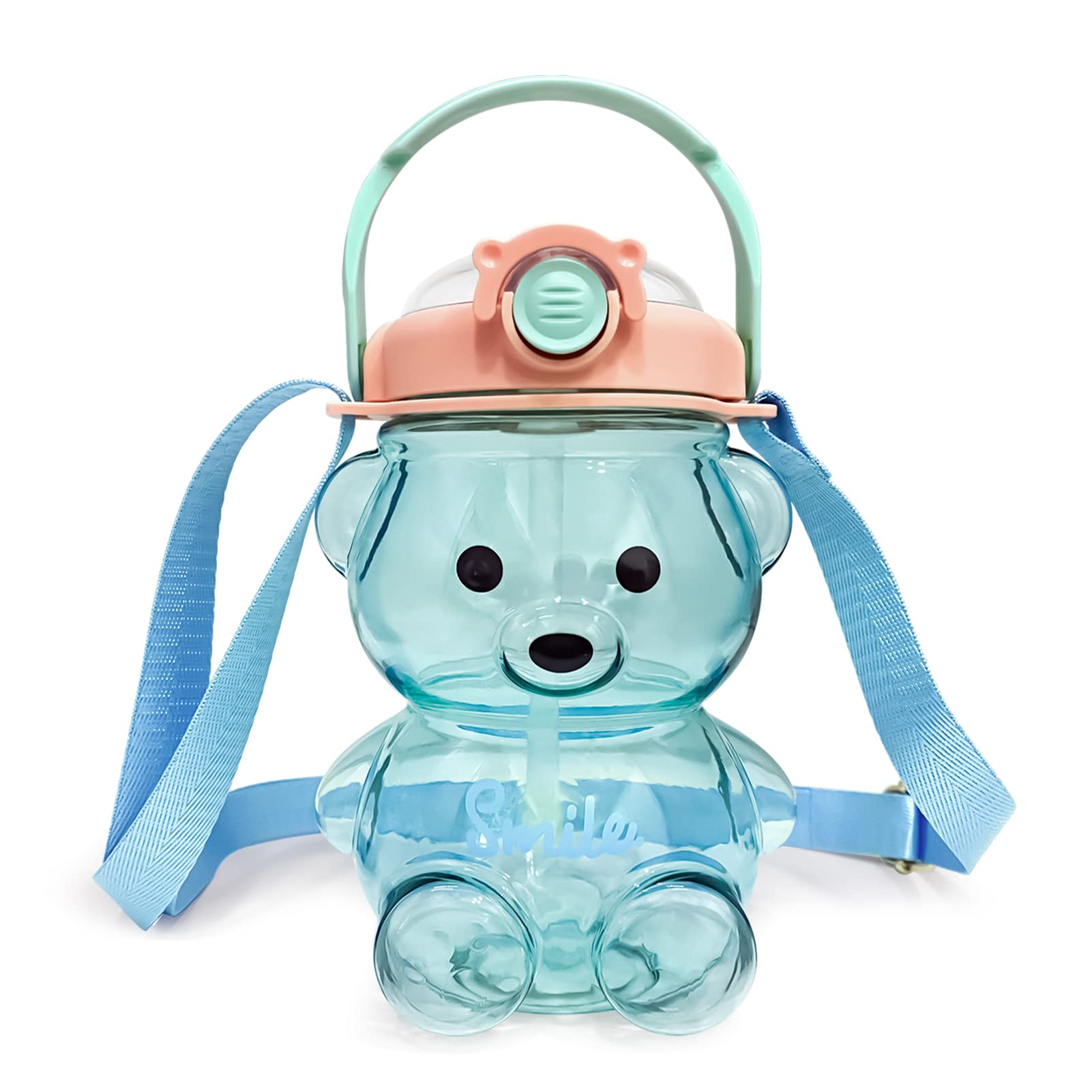 AMOBON Kawaii Bear Water Bottle with Straw and Strap, Cute Water Bottles for Kids, Portable Leakproof BPA-free Drinking Cups for Girls Women Sports Camping Picnic Hiking Travel (Green)