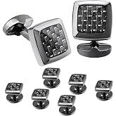 HAWSON Cufflinks and Studs for Men-Fashion Men Vintage Enamel Carbon Fiber Tuxedo Shirt Cufflinks and Studs Set for Regular Wedding Business Accessories