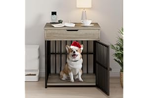 IRONCK Dog Crate Furniture for Small Dogs, Wooden Dog Kennel with Flip Top Drawer, Indoor Pet Crate End Table with Charging Station, Steel-Tube Dog Cage, Gray
