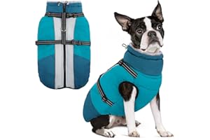SUNFURA Dog Winter Coat, Warm Dog Coat with Harness for Medium Dogs Boys Girls, Reflective Fleece Lined Pet Winter Jacket Snowsuit for Pug, Jack Russel, Schnauzer, Turquoise M