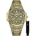 HUNRUY Retro Watches for Men Quartz Watches Tattoo Pattern Carved Stainless Steel Bracelet Waterproof Wrist Watch