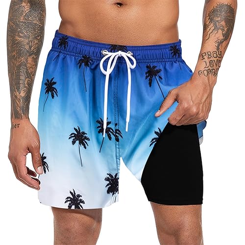 Men's Swim Trunks Quick Dry Beach Shorts with Compression Liner Swimming Shorts with Zipper Pockets Coconut Tree XL