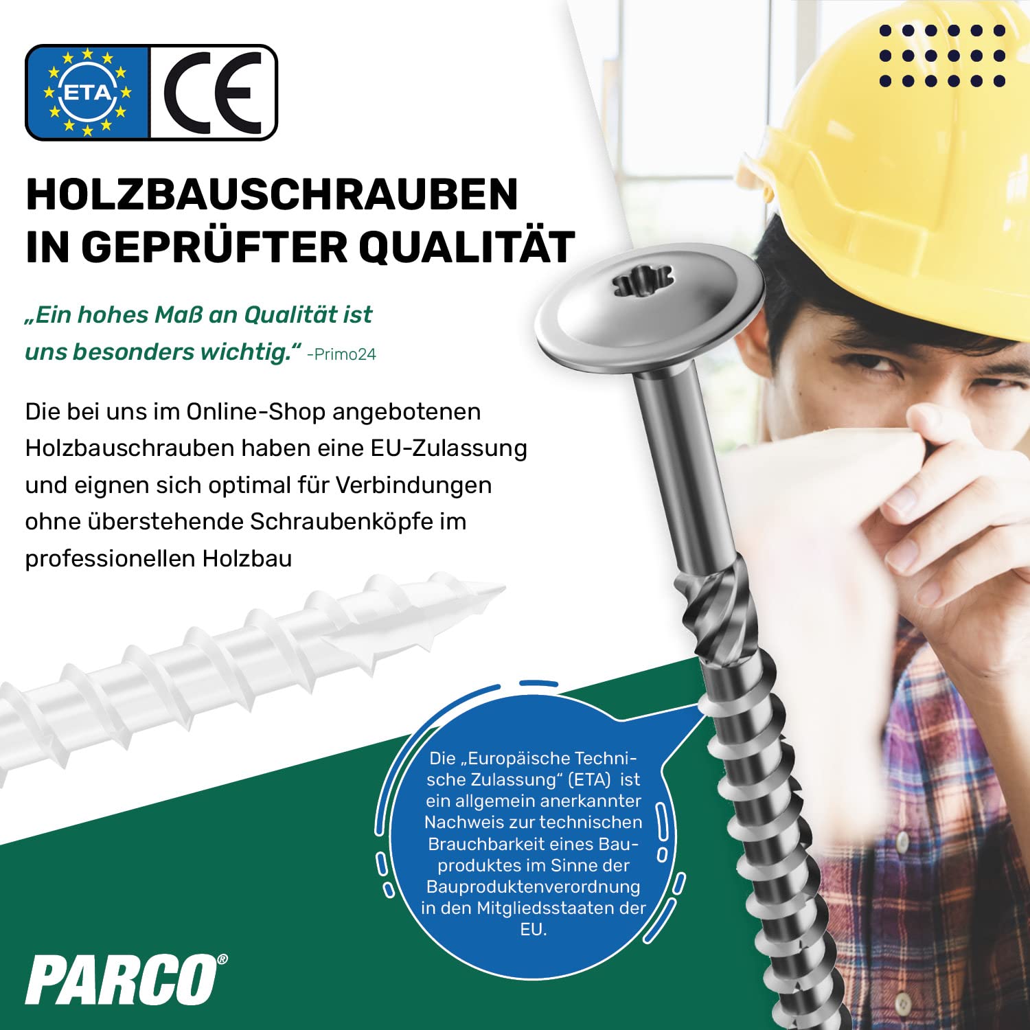 PARCO Tellerkopfschrauben, 100 Stück, 6x40 mm TX40 Verzinkt, CUT-Spitze, Holzbauschrauben für Konstruktionen, German Quality mit ETA Zulassung 4