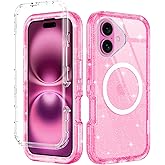 I-HONVA for iPhone 16 Case Clear [Non Yellowing] [Compatible with MagSafe] Shockproof 3-Layer Full Body Protection Rugged Heavy Duty Cover Case for Apple iPhone 16 6.1",Clear Pink Glitter