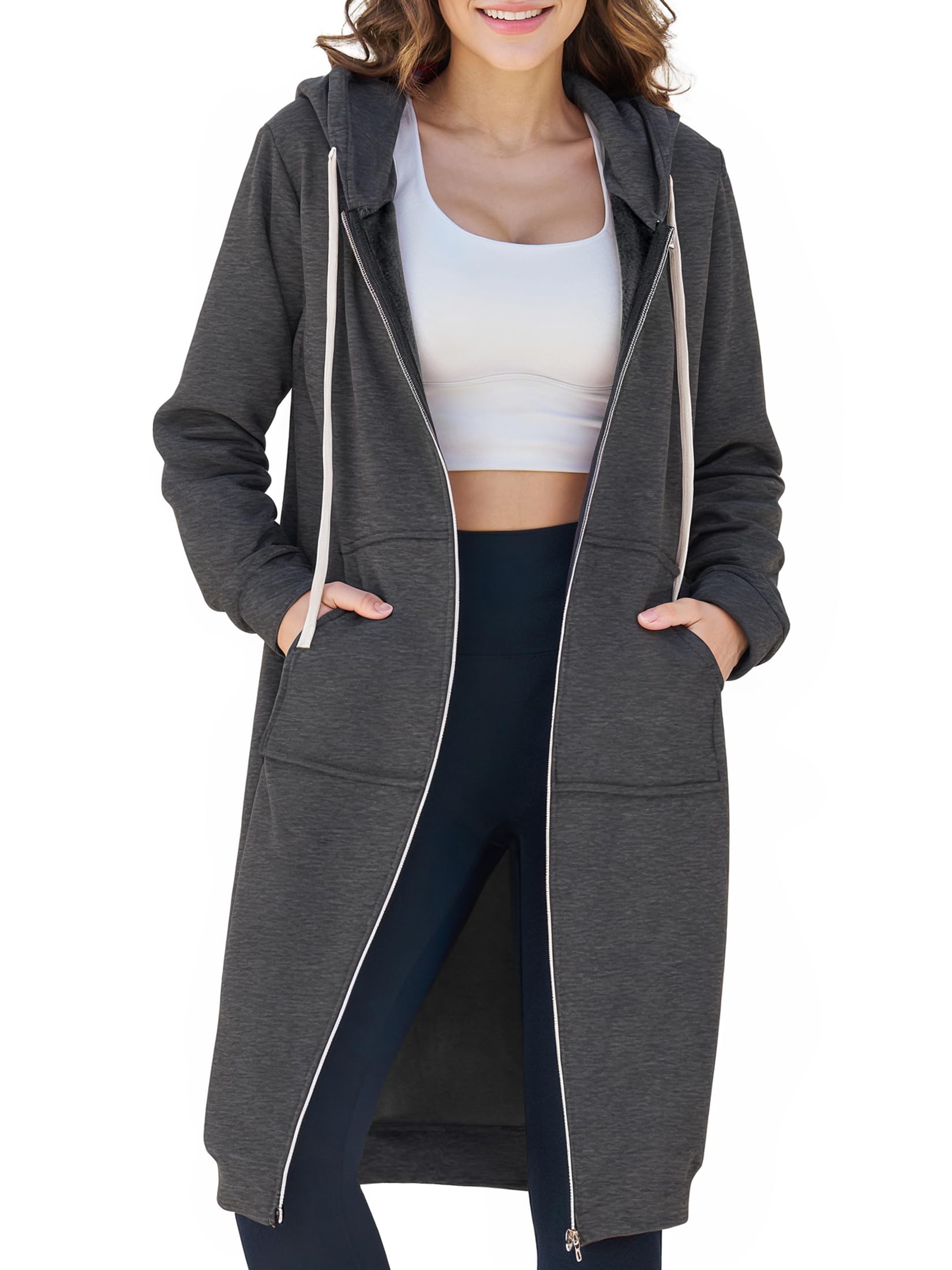 Ablanczoom Womens Long Zip Up Hoodies Comfortable Fleece Fashion Sweatshirts 2026 Casual Jackets with Pockets Dark Grey Image