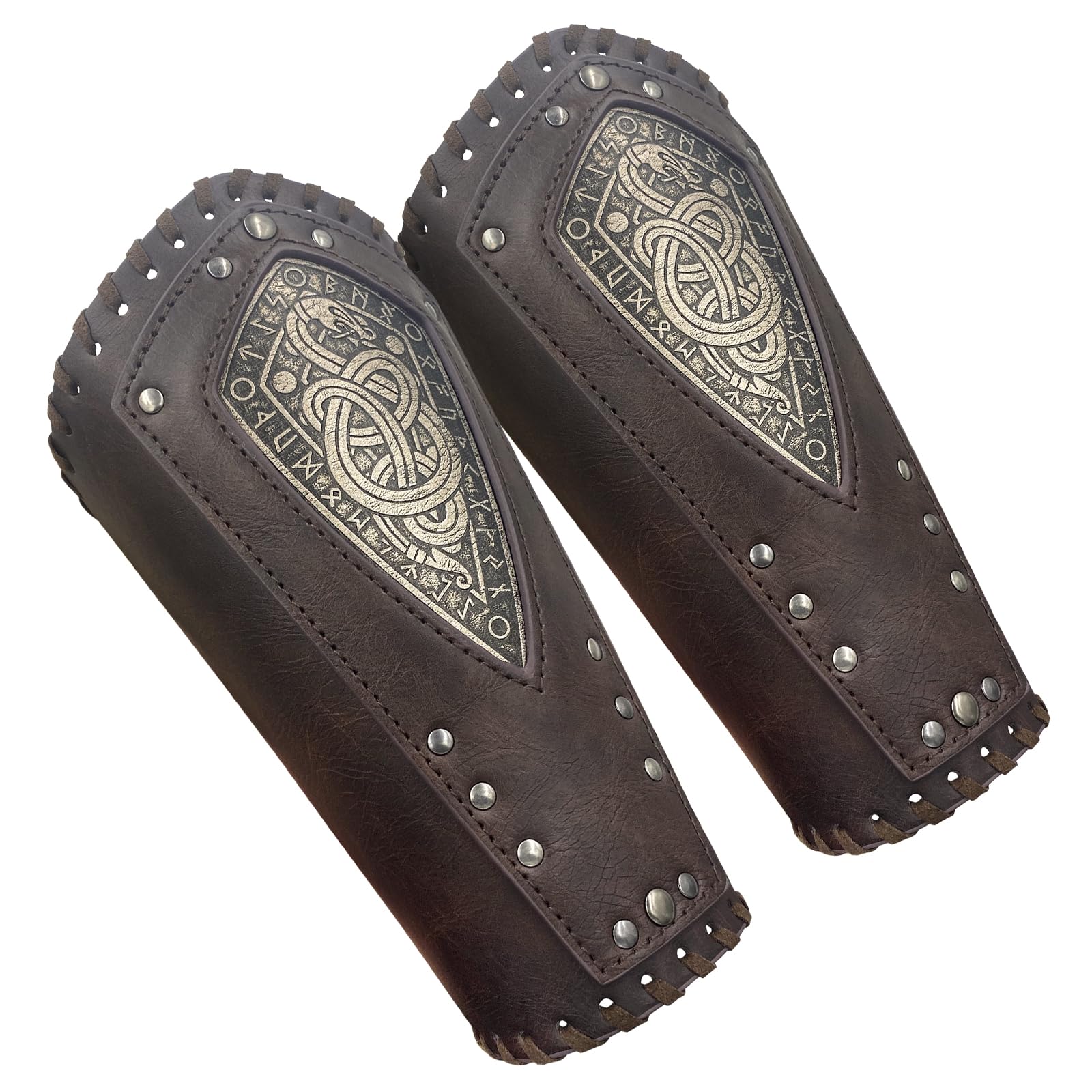HiiFeuer Viking Embossed Dragon Faux Leather Arm Guards, Medieval Vintage Mercenary Arm Bracers, Retro Knight Gauntlets (Dark Brown A)