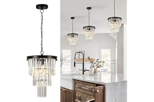 CATINER Black Crystal Pendant Light for Kitchen Island,Mini Crystal Chandeliers Modern for Dining Room,3 Tiers K9 Ceiling Pendant Light Fixture for Hallway Bedroom Closet