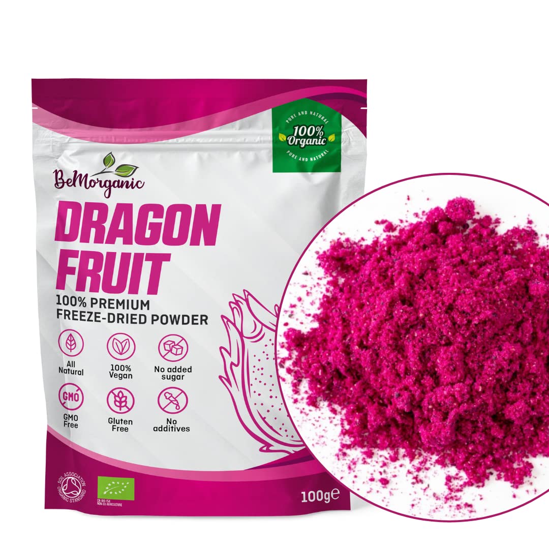 BeMorganic Organic Dragon Fruit Powder - 100% Pure Organic Dragon Fruit Powder| Multipurpose Pink Pitaya Powder | 100g Smoothie Powder with No Added Sugar or Gluten