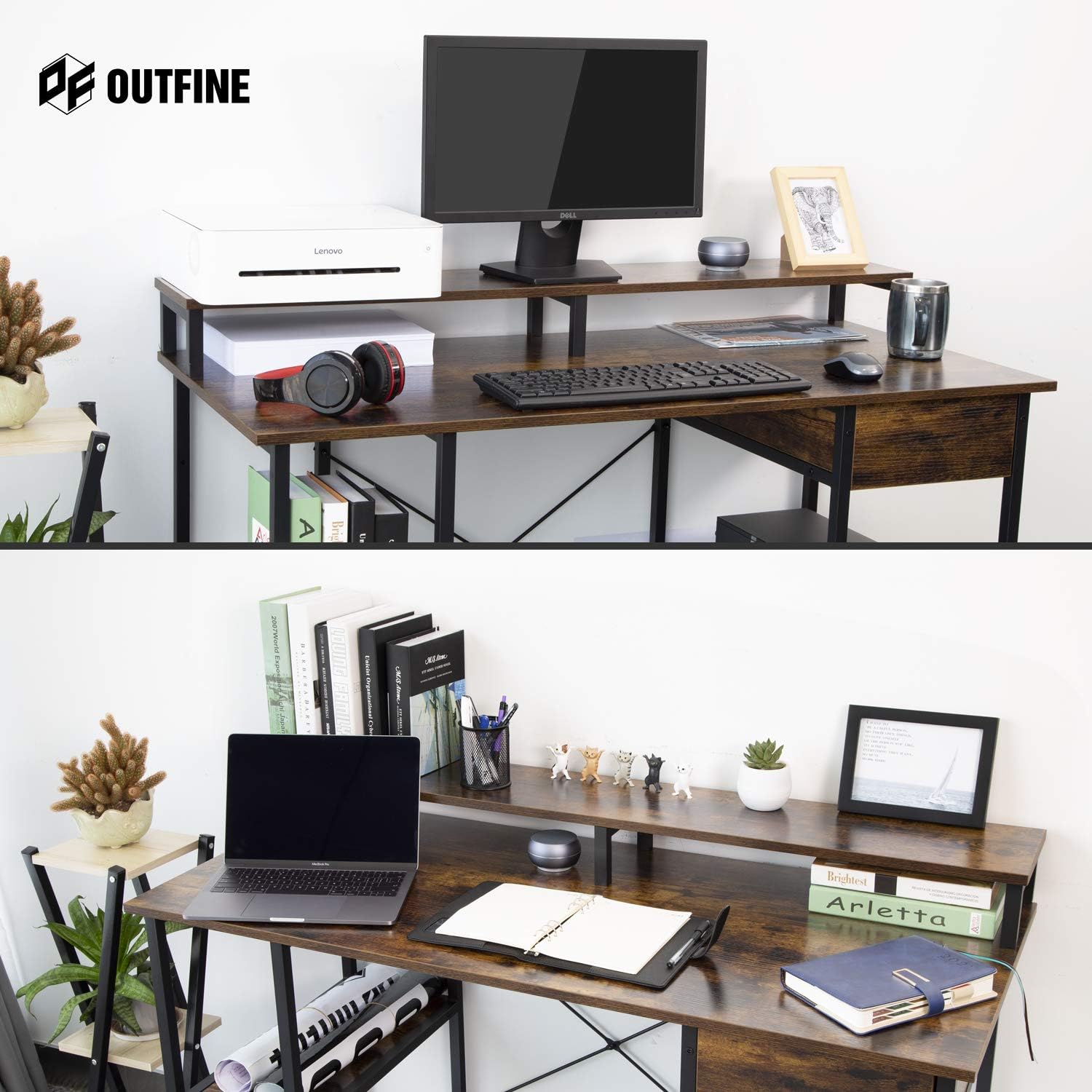 OUTFINE Desk Computer Desk Office Desk with Drawer, Monitor Stand and