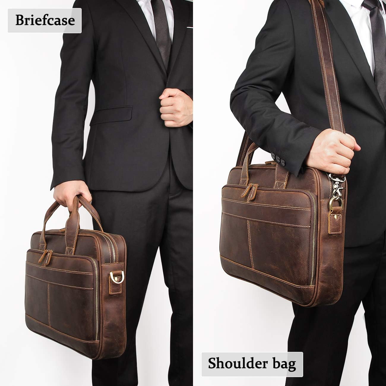  | Augus Leather Messenger Bag for Men Vintage Travel Backpack 15.6 inch laptop Briefcase Shoulder Bags With YKK Metal Zipper | Briefcases
