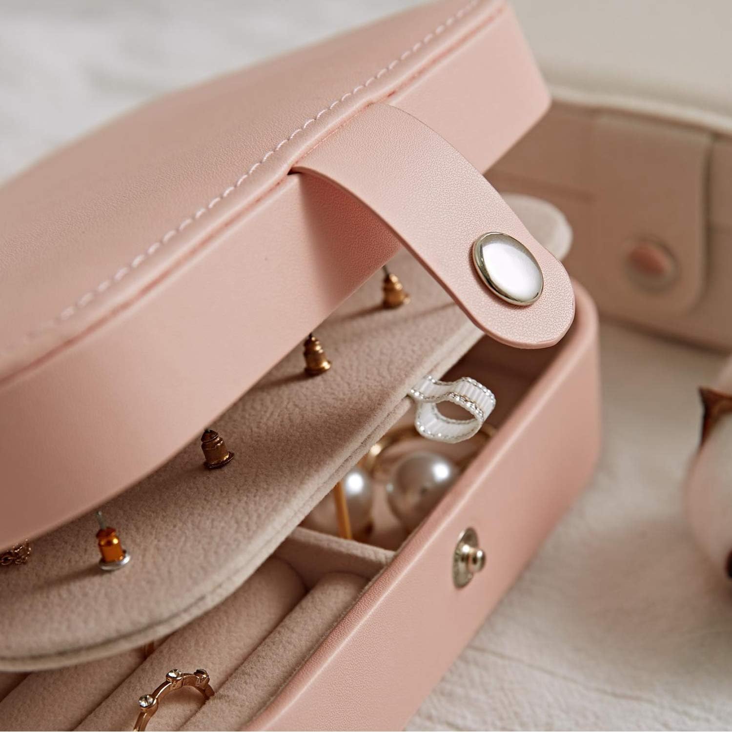 Jewelry Box for Women, Portable Double-Layer Jewelry Storage Box, Earrings, Rings, Necklaces, Bracelets, PU Leather Compact Portable Jewelry Suitcase, Pink Jewelry Box: Home Improvement