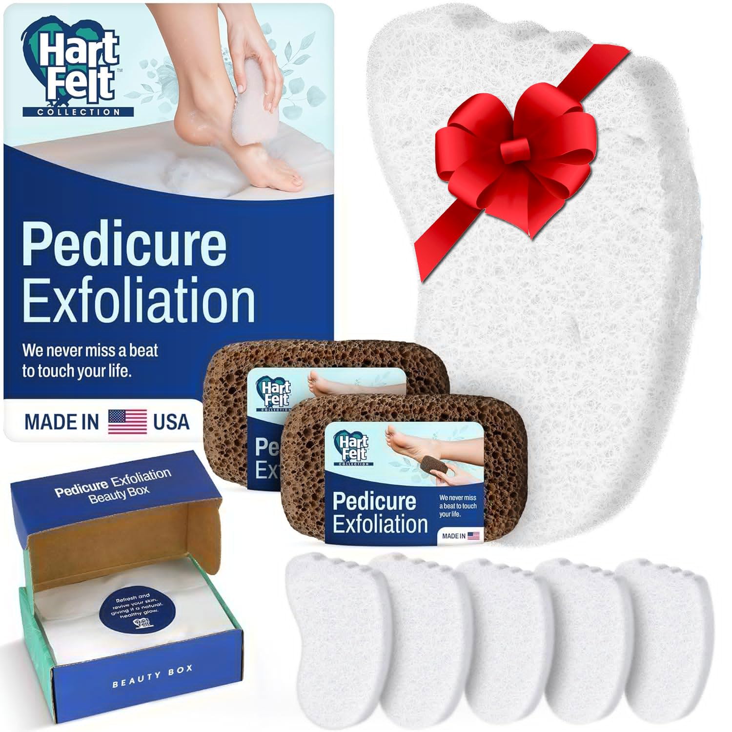 HartFelt Pedicure Exfoliation Beauty Box with 6 Exfoliating Foot Scrubber Bath Sponges & 2 Magic Pumice Stone for Feet Callus Remover | Gentle Sponge Pad & Foot Scrubbing Stone for Deep Cleansing