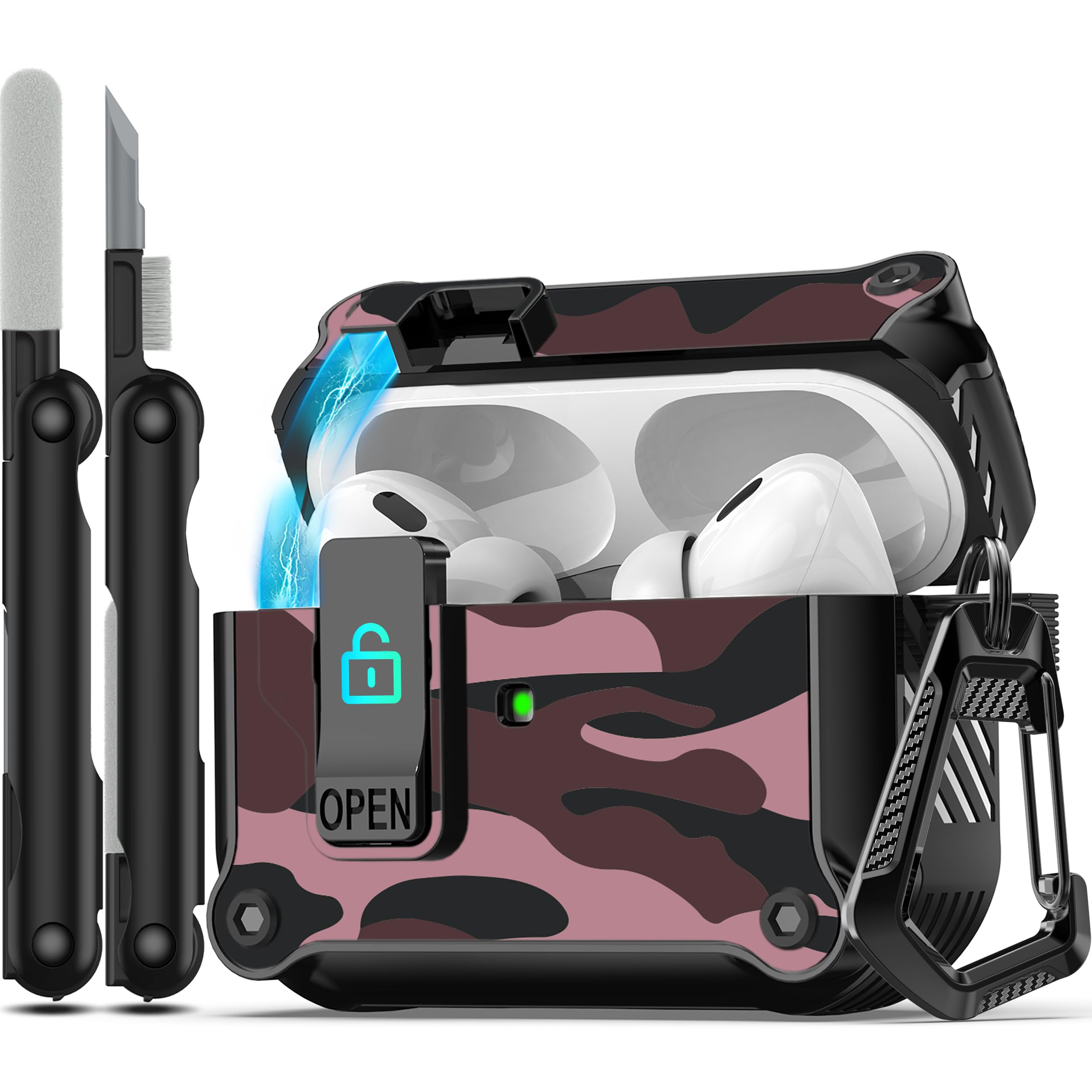 Photo 1 of RFUNGUANGO for AirPods Pro Case Cover with Secure Lock Clip, Automatic Pop-up Case Full-Body Shockproof Hard Protective Cover for AirPods Pro 2023/2022/2019 - Red Camouflage