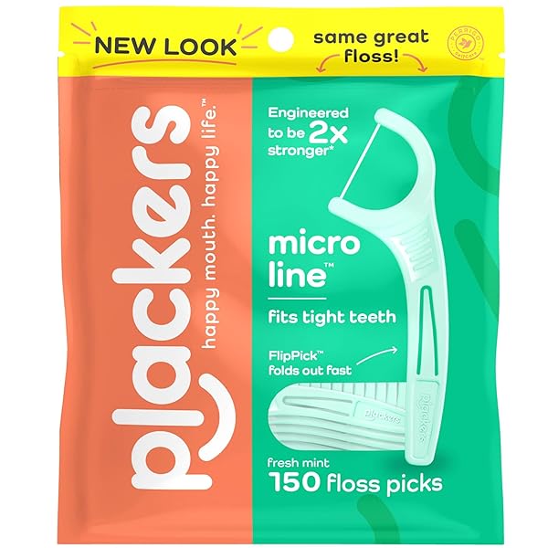 PLACKERS MICRO LINE DENTAL FLOSS PICKS, FOLD-OUT FLIPPICK, TUFFLOSS, EASY STORAGE WITH SURE-ZIP SEAL, FRESH MINT FLAVOR, 150 COUNT