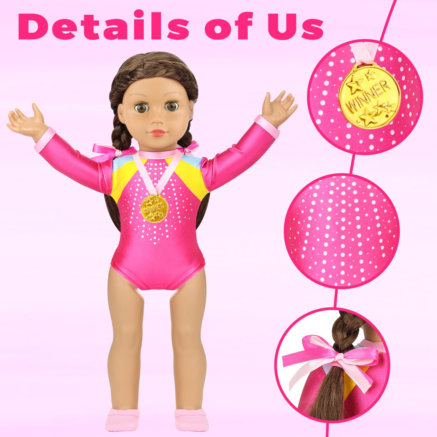 K.T. Fancy 18 Inch Doll Gymnastics Clothes Set - Pink Leotard, Shoes, Gym Bag, Olympic Medal, Water Bottle & Hair Accessories for Play（Doll Not Included）