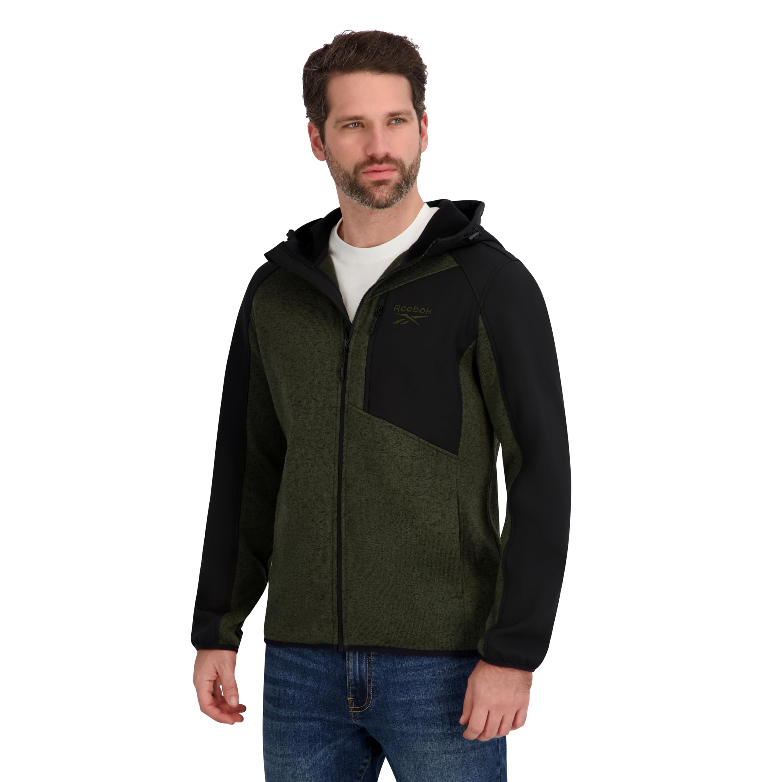 Reebok Mens Full Zip Hooded Sweater Fleece Jacket, Olive, L